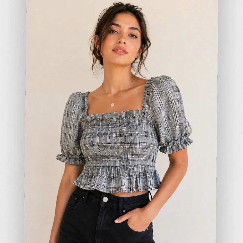 English Factory Gingham Puff Sleeve Smocked Back Peplum Top Blue White Medium